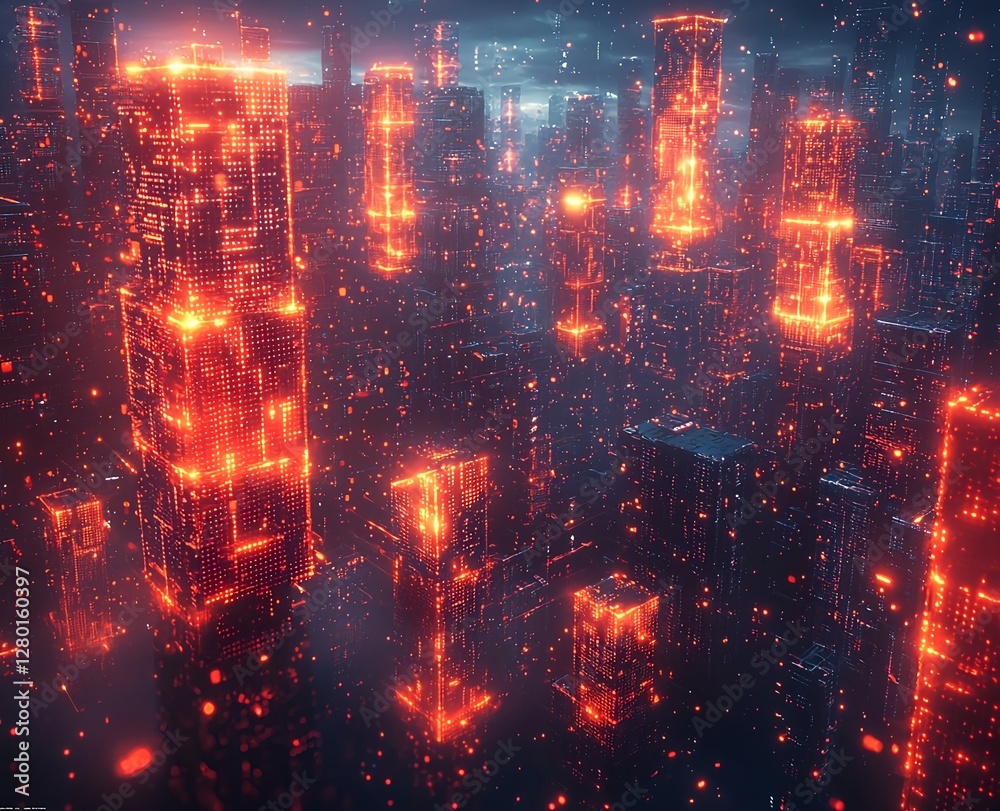 Fototapeta premium A digital cityscape of glowing cubes in a cyberpunk style with cinematic lighting