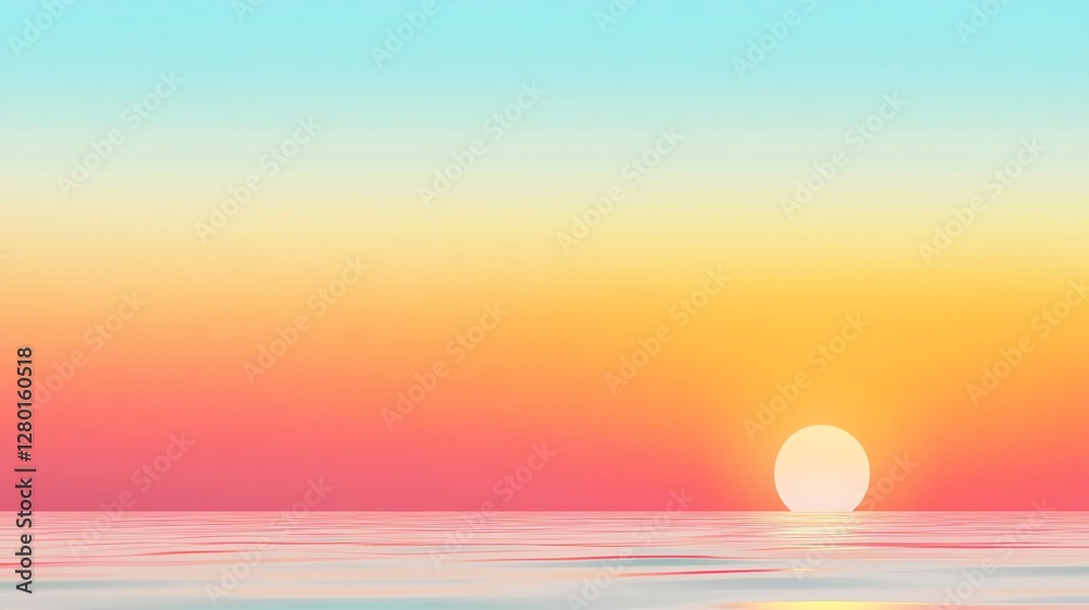 A beautiful gradient sunset over calm waters, blending soft hues of pink, orange, and blue, creating a serene and tranquil atmosphere.