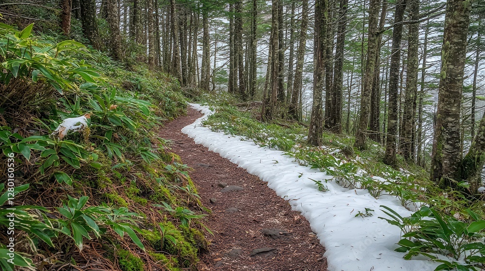 Fototapeta premium Winding Forest Trail with Spring Snow Patches