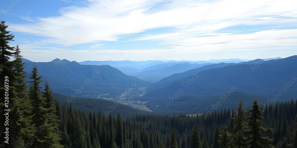 Panoramic view of majestic mountain range with lush green forests and clear blue skies, majestic, sky Panoramic view of majestic mountain range with lush green forests and clear blue skies, majestic, sky