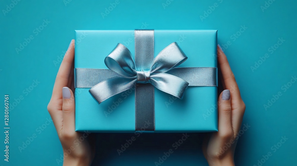 Elegant hands presenting a beautifully wrapped gift with a shiny silver bow, perfect for birthday celebrations, greeting cards, and festive occasions. Elegant hands presenting a beautifully wrapped gift with a shiny silver bow, perfect for birthday celebrations, greeting cards, and festive occasions.