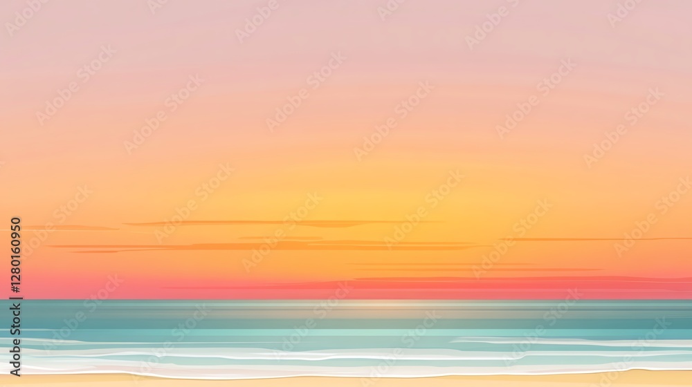 Obraz premium A serene sunset over the ocean, blending soft pinks and oranges in the sky with gentle waves lapping at the shore.