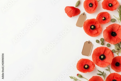 Red Poppy Flowers Border Arrangement On White Background