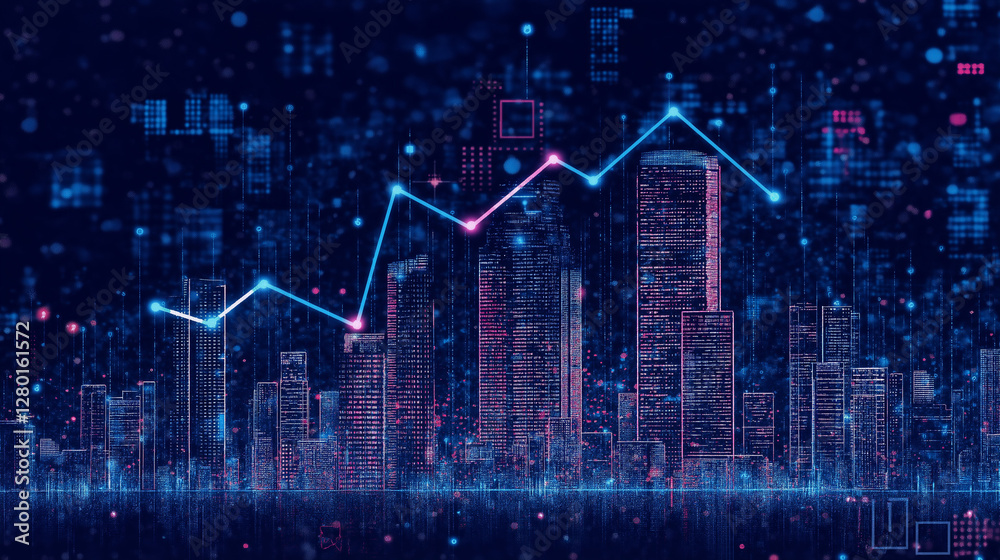 City Skyline and Data Trends: A captivating illustration showing a futuristic cityscape merged with dynamic data streams, symbolizing growth, technology and progress. City Skyline and Data Trends: A captivating illustration showing a futuristic cityscape merged with dynamic data streams, symbolizing growth, technology and progress.