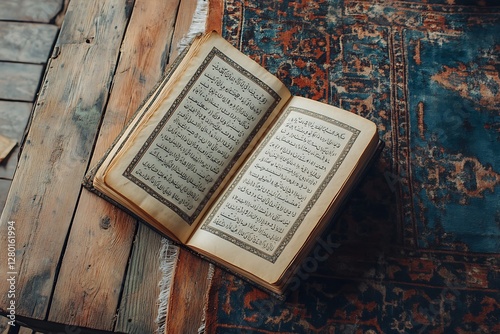 Open Quran with Detailed Arabic Calligraphy on Pages. photo