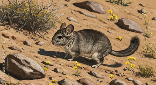 Chinchilla Walking in Desert Habitat with Small Yellow Flowers Around