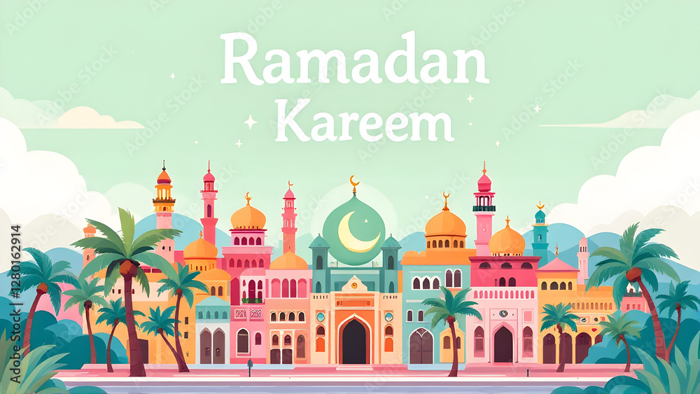 Naklejka premium Ramadan Kareem banner, poster, card, holiday cover. Modern art design in pastel colors with pattern of beautiful arabian old ancient city.