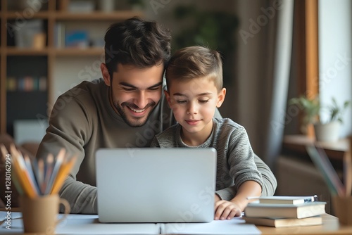 Wallpaper Mural happy daddy helping his school son kid in study with laptop on blurry background with copy space Torontodigital.ca