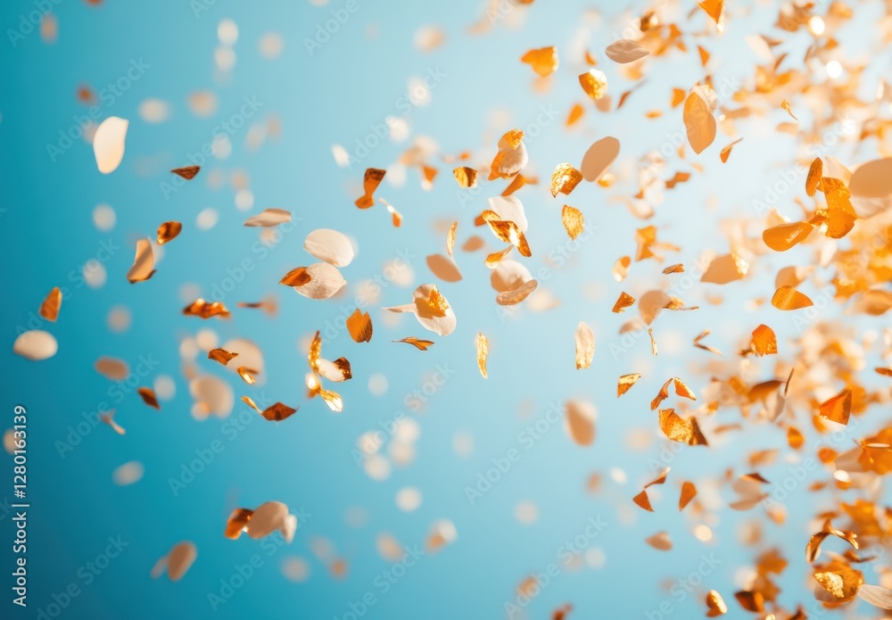 Golden Confetti Falling Against Soft Blue Background, Celebratory Decoration for Events, Parties, or Special Occasions, Bright and Cheerful Atmosphere Golden Confetti Falling Against Soft Blue Background, Celebratory Decoration for Events, Parties, or Special Occasions, Bright and Cheerful Atmosphere