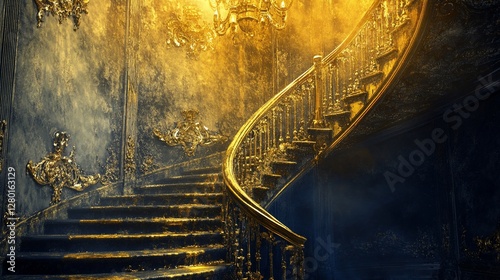 Golden spiral staircase in opulent mansion, dramatic lighting, fantasy background, interior design