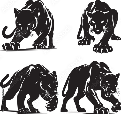 Collection of black silhouettes of panthers