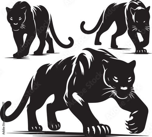 Collection of black silhouettes of panthers
