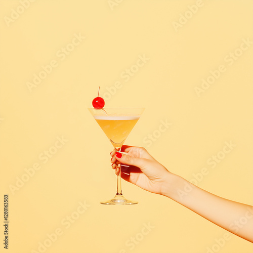  vintage retro-style cocktail drink in hand, perfect for celebrating birthdays, New Year, Christmas, or any festive occasion. An illustration full of energy and style, ideal for event promotions,  photo
