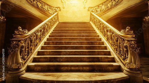 Grandiose mansion staircase, opulent gold interior, sunlit, success concept