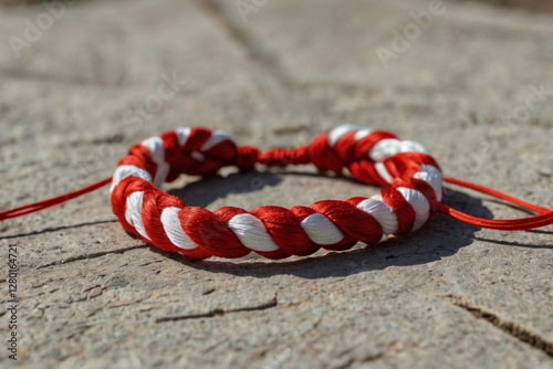 Martenitsa. Red and white bracelet specific to Balkan and Bulgarian culture. Balkan tradition Martenitsa. Bracelet symbolizing the arrival of spring.
