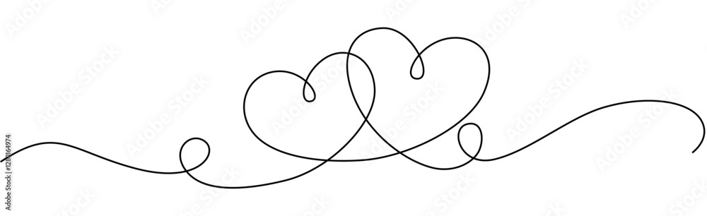 One Continuous line drawing of two hearts with love signs. Thin flourish and romantic symbol in simple linear style. Editable stroke. Minimalistic Doodle vector illustration One Continuous line drawing of two hearts with love signs. Thin flourish and romantic symbol in simple linear style. Editable stroke. Minimalistic Doodle vector illustration