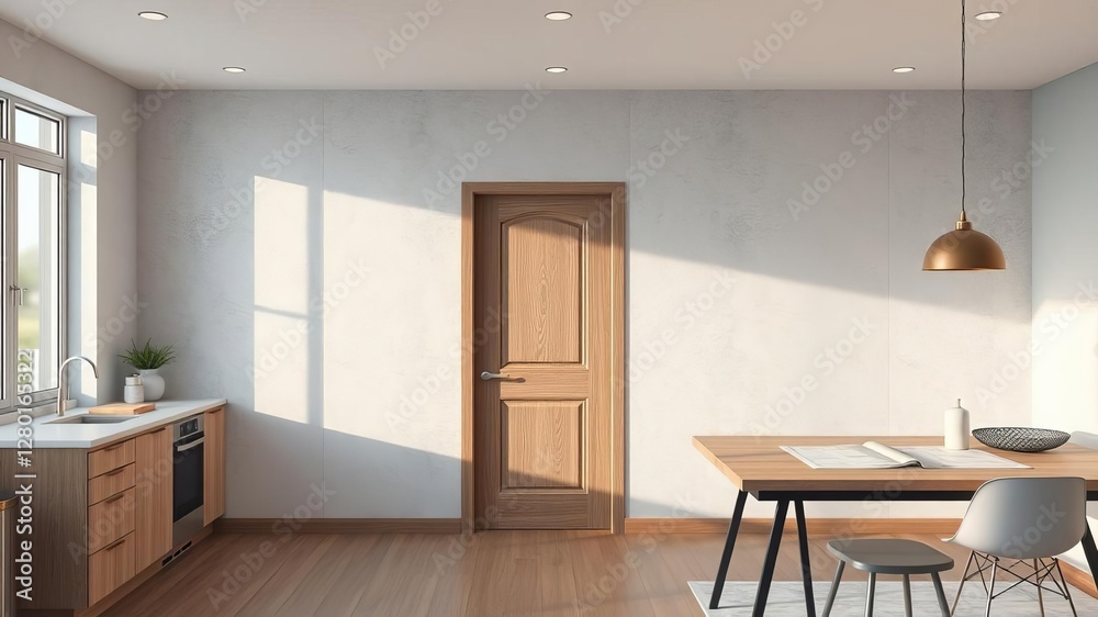 Fototapeta premium Modern architect's desk with kitchen design mockup and selection of door materials, interior design, material selection