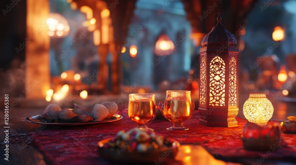 Warm, inviting table setting with lanterns and treats in a mystical, ambient setting. Warm, inviting table setting with lanterns and treats in a mystical, ambient setting.