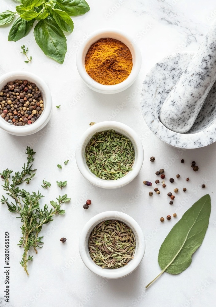 Fresh herbs and spices with mortar and pestle on white marble background Fresh herbs and spices with mortar and pestle on white marble background