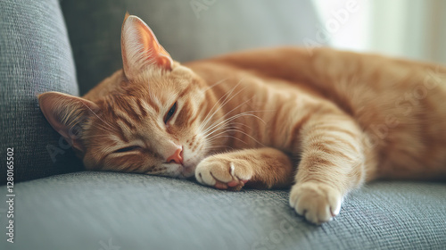 Wallpaper Mural Red Scottish Fold cat lying on a grey textile sofa, captured in a close-up shot with soft window light and a blurred home background, exuding warmth and relaxation. Torontodigital.ca