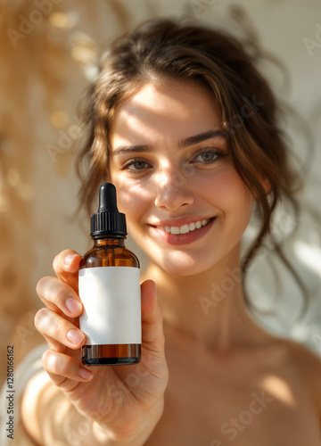 beautiful young woman holding bottle with cosmetic oil and looking at camera. Woman Holding Skincare Serum