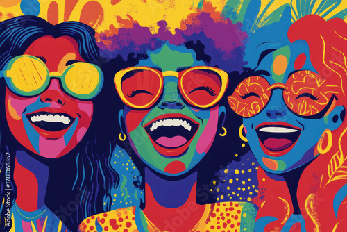 Three women with colorful paint splashes on their faces.