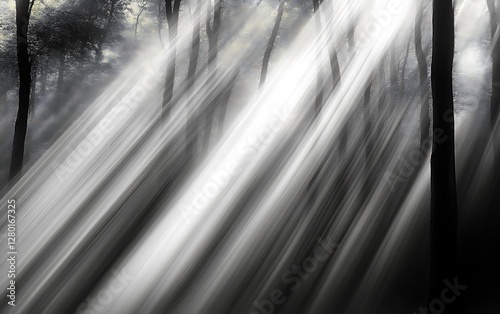 Sunlight streaks through misty forest