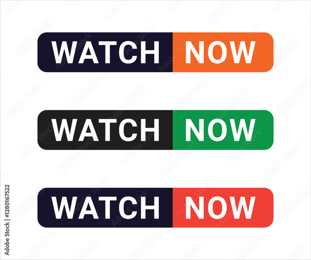 Watch Now buttons collection with cursor pointer in three styles. Flat design and gradient with shadow. Set of digital web button on a transparent background Watch Now buttons collection with cursor pointer in three styles. Flat design and gradient with shadow. Set of digital web button on a transparent background