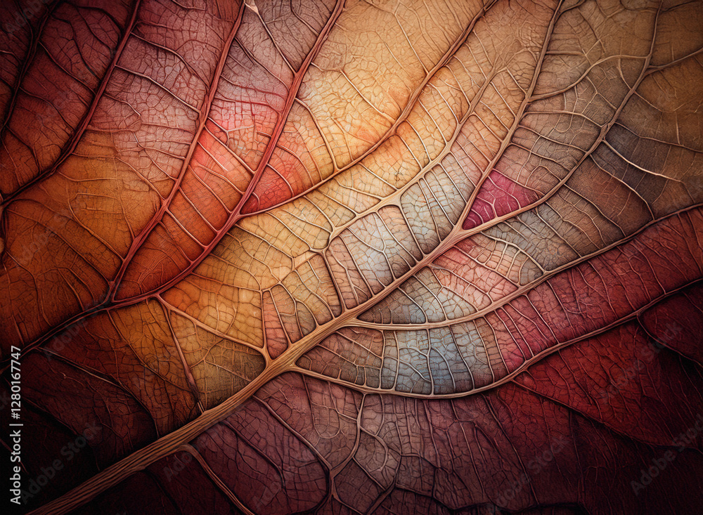 Fototapeta premium Close-up of a leaf with detailed veins and vibrant colors. The background is blurred, drawing focus to the intricate leaf texture.
