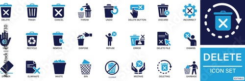 Delete icon set, trash, delete button, cancel, undo You can easily change the color