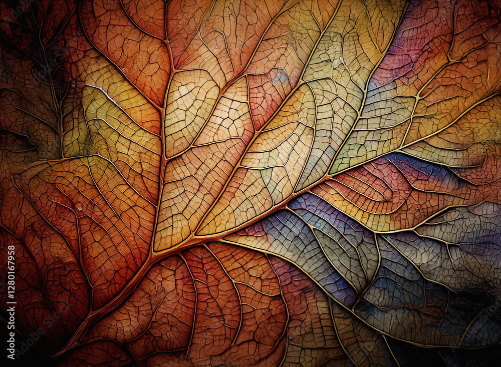 Fototapeta premium Detailed leaf close-up with intricate vein patterns and warm autumnal colors. The background is blurred, emphasizing the leaf's texture and natural beauty.