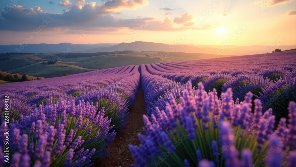 Fototapeta premium A breathtaking view of vibrant lavender fields glowing under a golden sunset, surrounded by hills.