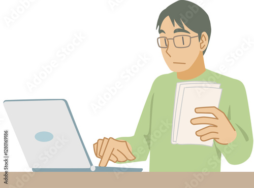 ノートPCにデータを入力する男性