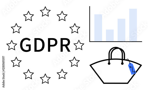 GDPR text inside circle of stars, bar graph, and shopping bag with tag. Ideal for data privacy, e-commerce, consumer rights, data protection, legal compliance, business operations EU regulations