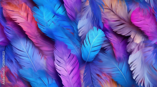 Vibrant feathers in shades of blue, purple, and pink create stunning visual display, evoking sense of creativity and beauty. soft textures and colors blend harmoniously
