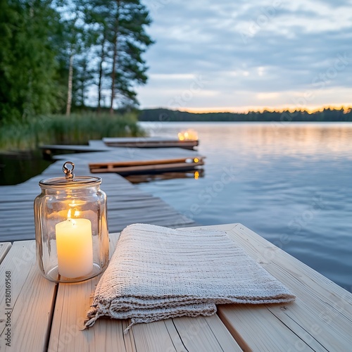A lit candle in a glass jar sits on a wooden dock beside a folded beige throw blanket. The background features a tranquil lake at sunset with floating docks and a fire visible in the distance.  Soft