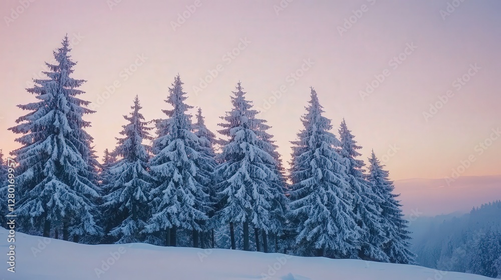 Pine trees covered with snow on frosty evening, beautiful winter landscape panorama