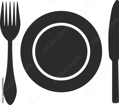 classic cutlery table setting with plate icon in dark grey and clear background, editable vector illustration