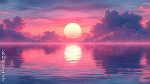 Sunset with clouds and bright sun over calm waters pastel hued horizon photo