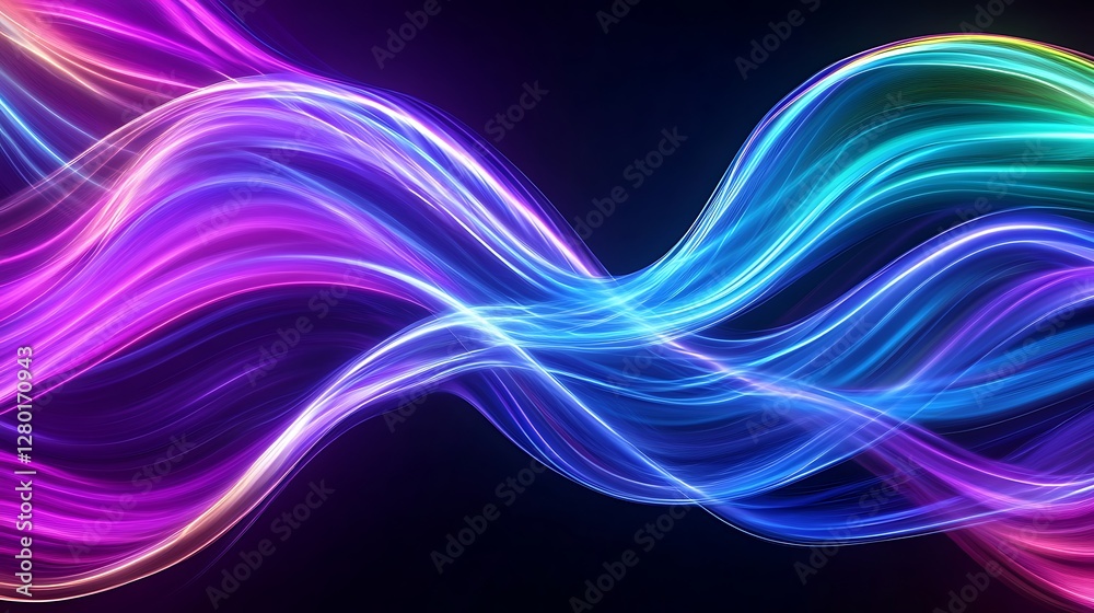 Fototapeta premium Abstract vibrant wave of colorful particles on a dark background. The wave is formed by thousands of tiny glowing points of light, creating a dynamic and energetic visual. The colors shift smoothly