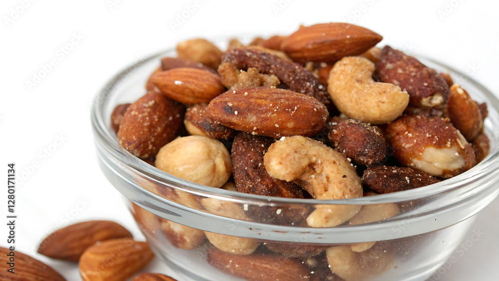 Savory nut snack mix with almonds and spices for gourmet enjoyment. Savory nut snack mix with almonds and spices for gourmet enjoyment.