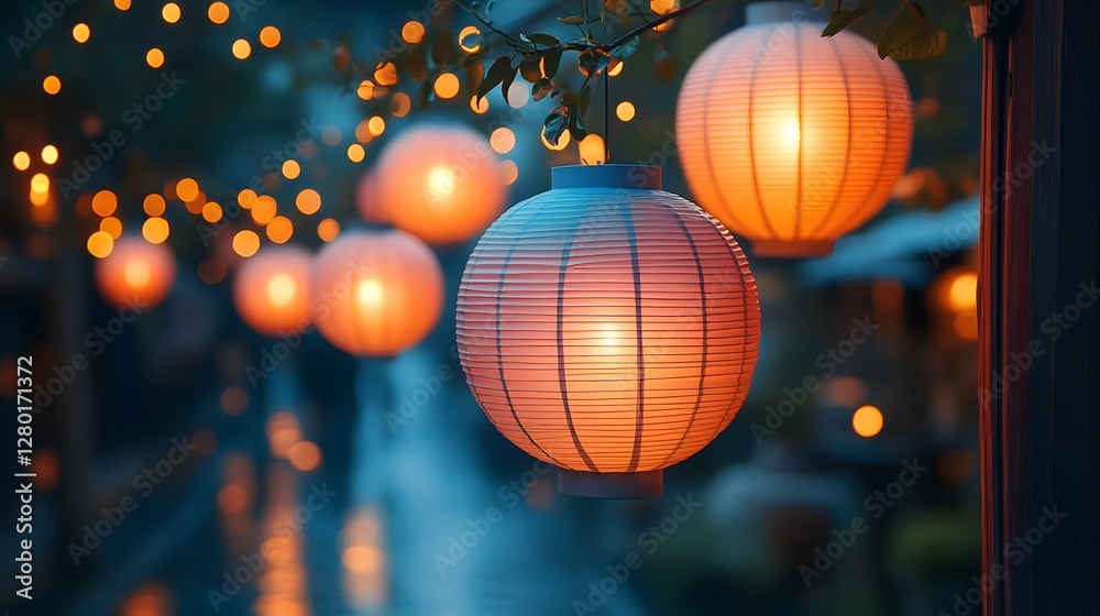 Colorful paper lanterns hanging from a tree providing gentle illumination at night Colorful paper lanterns hanging from a tree providing gentle illumination at night