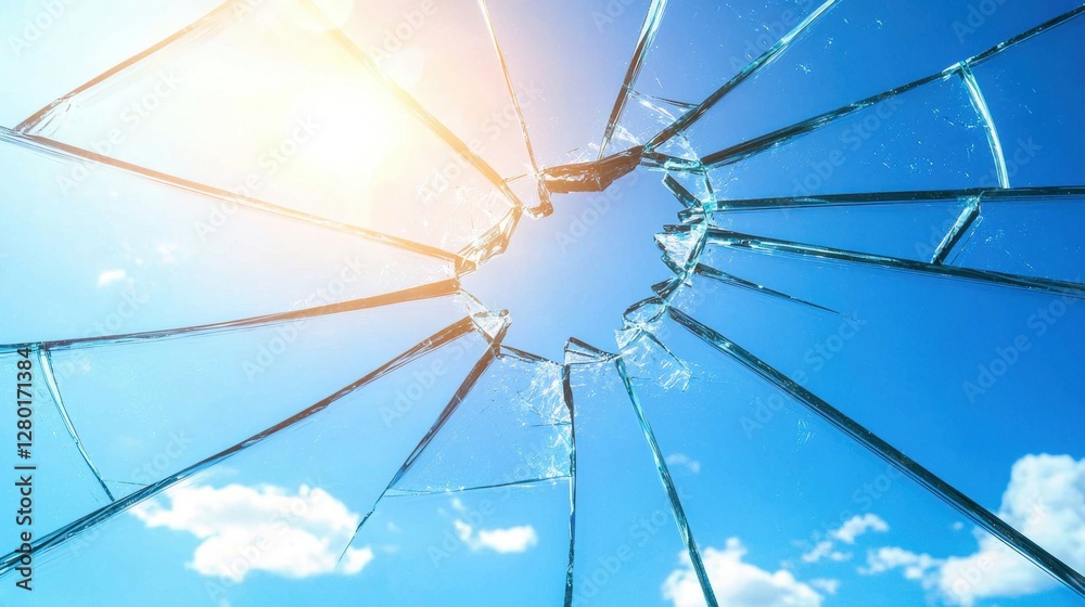 Obraz premium A shattered glass pane with realistic transparent shards and cracks radiating from the center.
