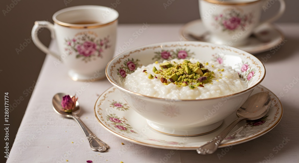 Creamy Rice Pudding with Pistachios and Tea in Floral China Creamy Rice Pudding with Pistachios and Tea in Floral China