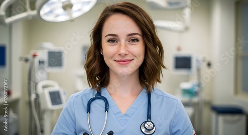Happy young woman, smile,doctor in uniform, hospital, background 
