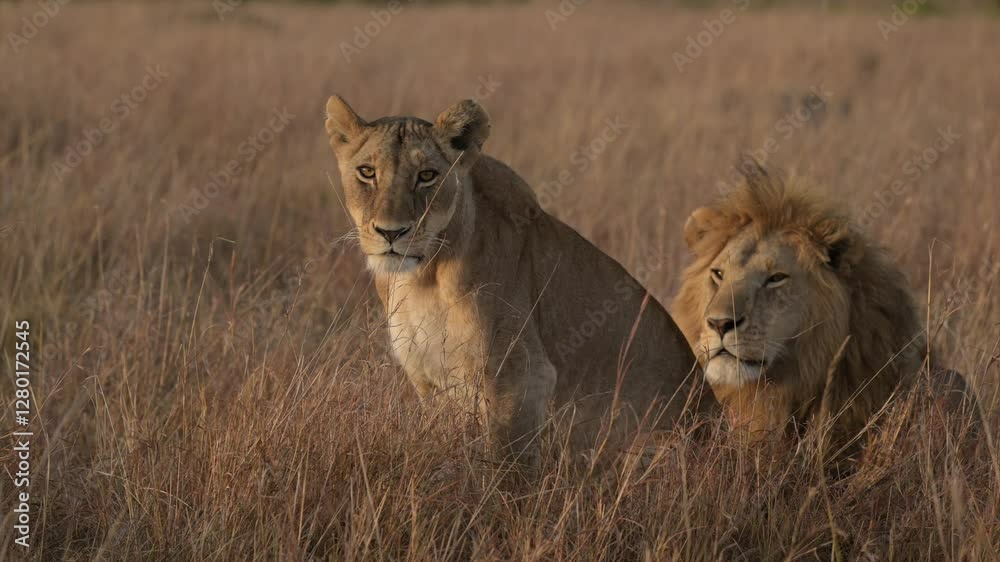 Lioness scouting for prey in Kenya Maasai Mara national reserve grassland in the rain Lioness scouting for prey in Kenya Maasai Mara national reserve grassland in the rain