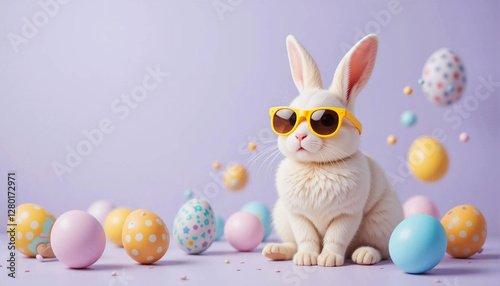 Playful cream bunny in oversized yellow sunglasses with floating Easter eggs
