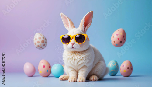 High-energy Easter scene with a stylish bunny and bouncing eggs