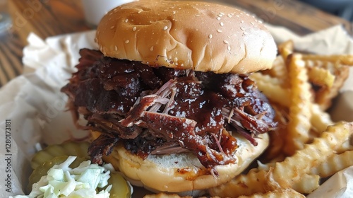 A delicious pulled pork sandwich topped with BBQ sauce and crunchy pickles is served alongside crinkle fries on a wooden table, indicating a casual and inviting lunchtime atmosphere.