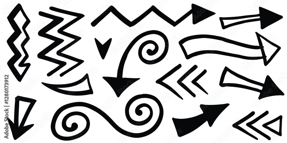 hand-drawn arrow icon set features grunge marker line scribbles, curve brush strokes, sketch direction shapes, and marks, creating a black artistic punk style graphic element. hand-drawn arrow icon set features grunge marker line scribbles, curve brush strokes, sketch direction shapes, and marks, creating a black artistic punk style graphic element.